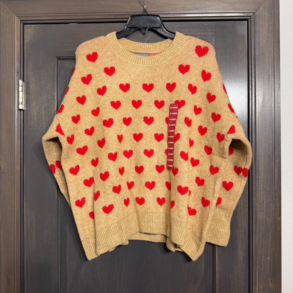 Vince Camuto Womens Camel Red Heart Crew Neck Sweater‎ XL SV1824 NWT